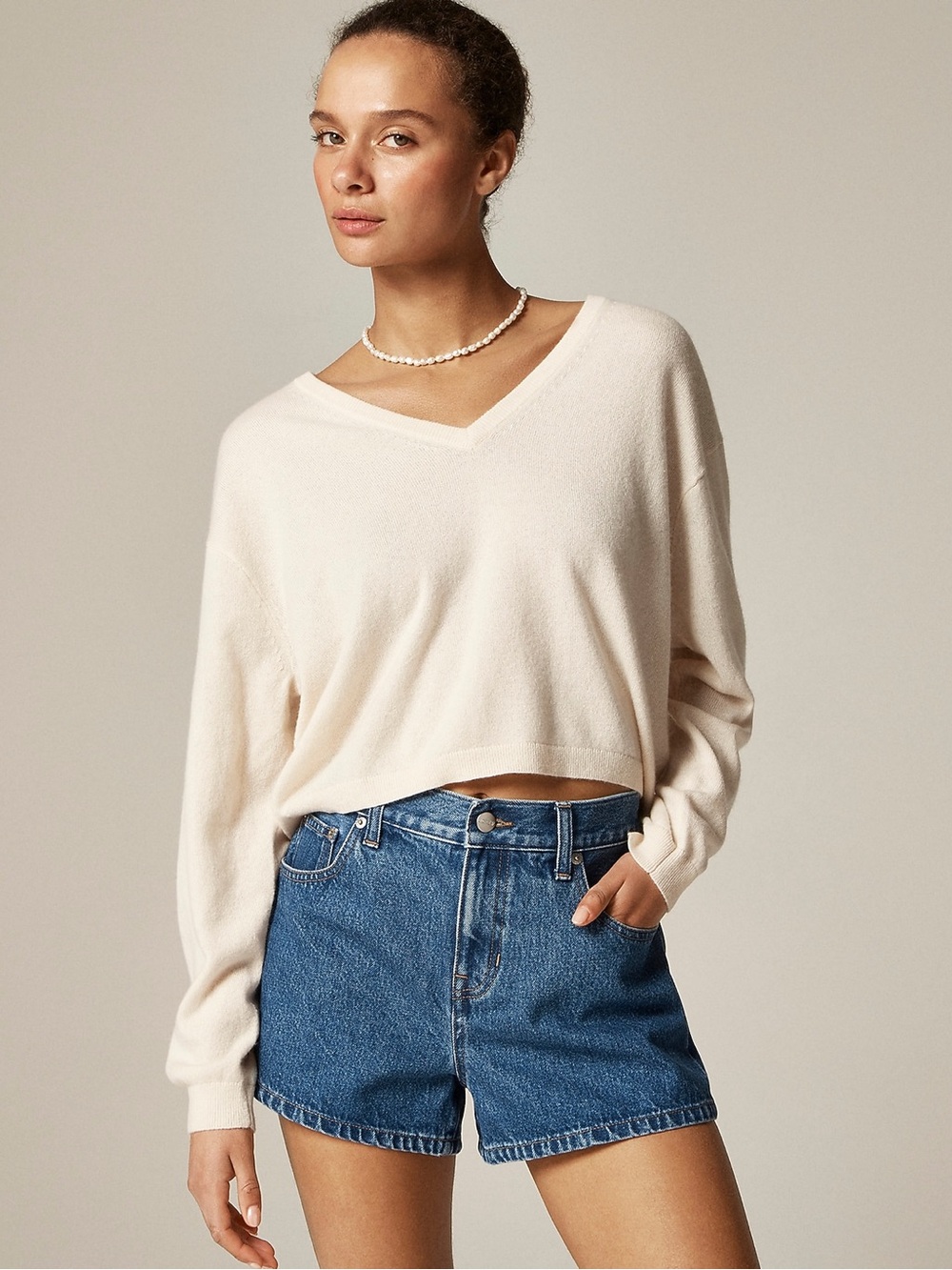 J Crew Cashmere Relaxed Cropped V-Neck Sweater Small